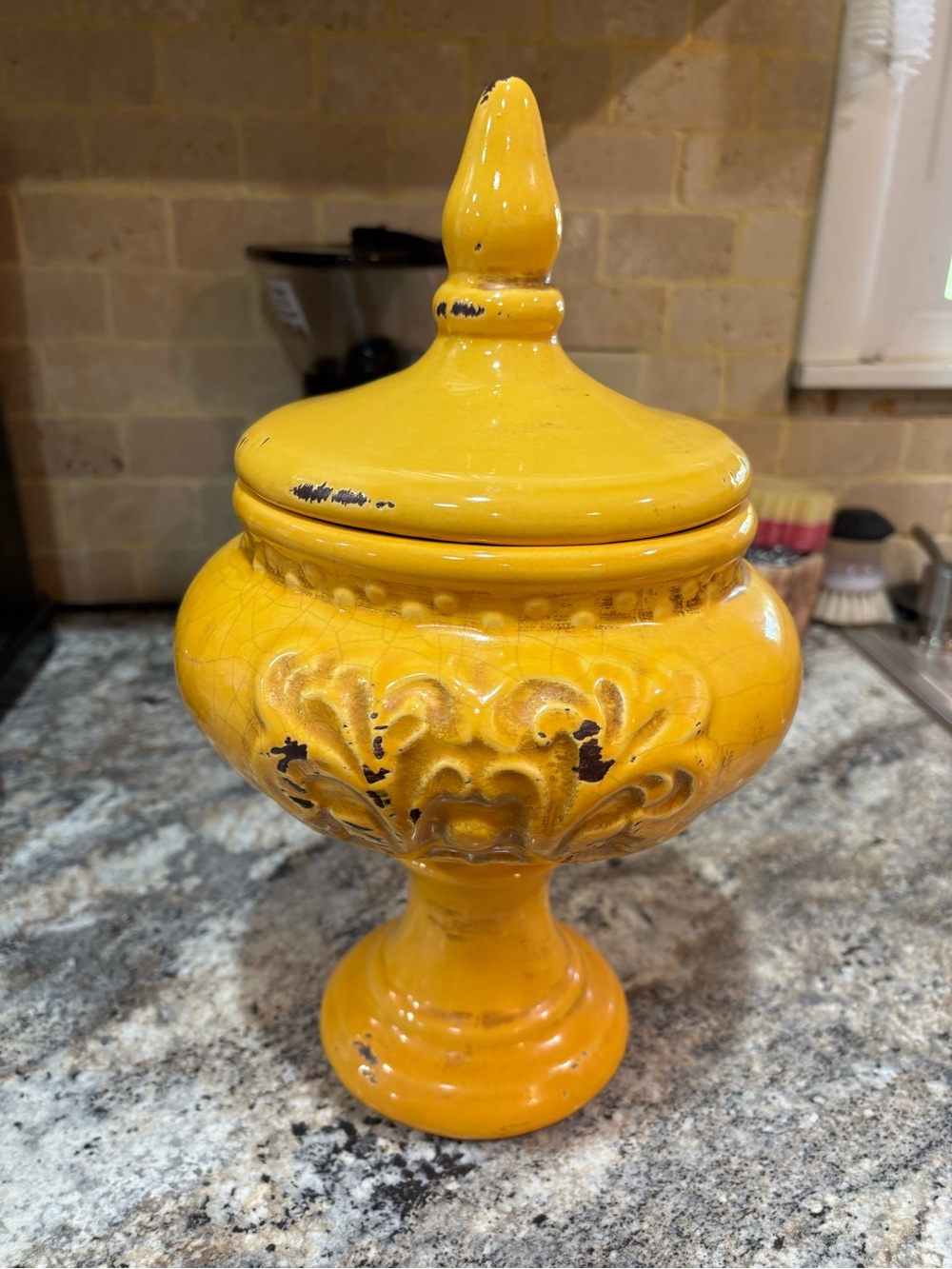 Yellow Ceramic Apothecary Jar with Ornate Embossed Design